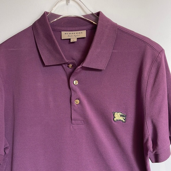 SOLD Burberry Polo in Plum Purple with gold button and gold patch logo on chest - Picture 1 of 3